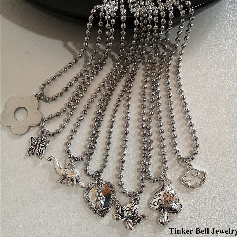 Stainless Steel Beads Chain Alloy Pendant Vintage Heart Jesus Cupid Butterfly Dinosaur Mushroom Grunge Necklaces For Women Men