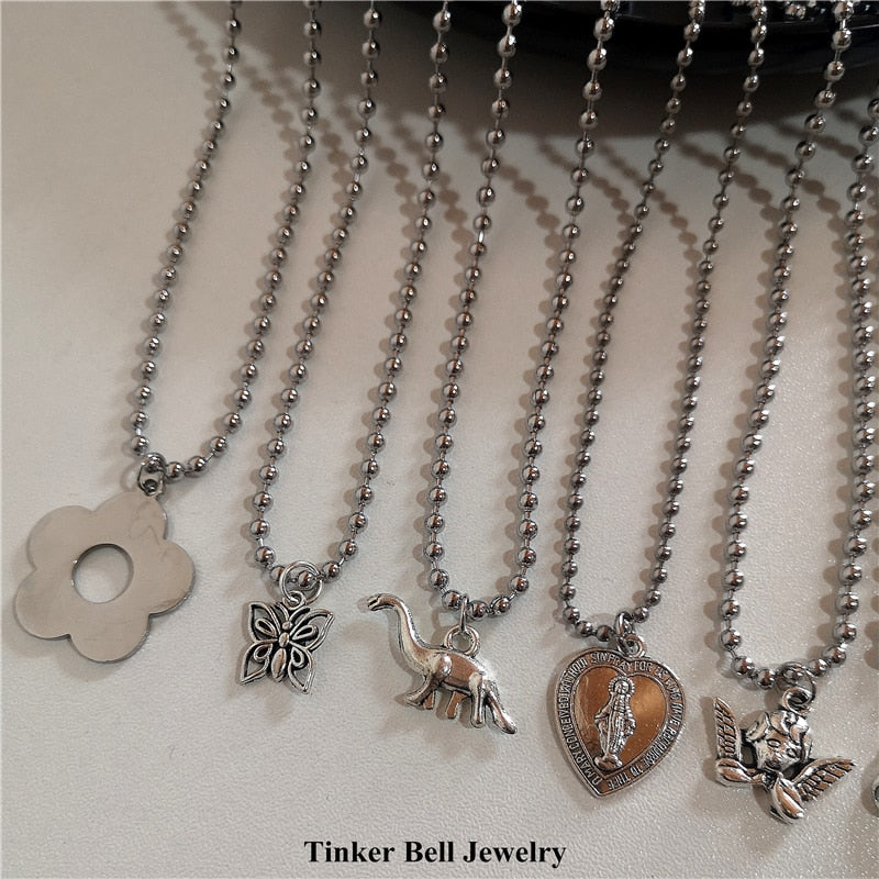 Stainless Steel Beads Chain Alloy Pendant Vintage Heart Jesus Cupid Butterfly Dinosaur Mushroom Grunge Necklaces For Women Men
