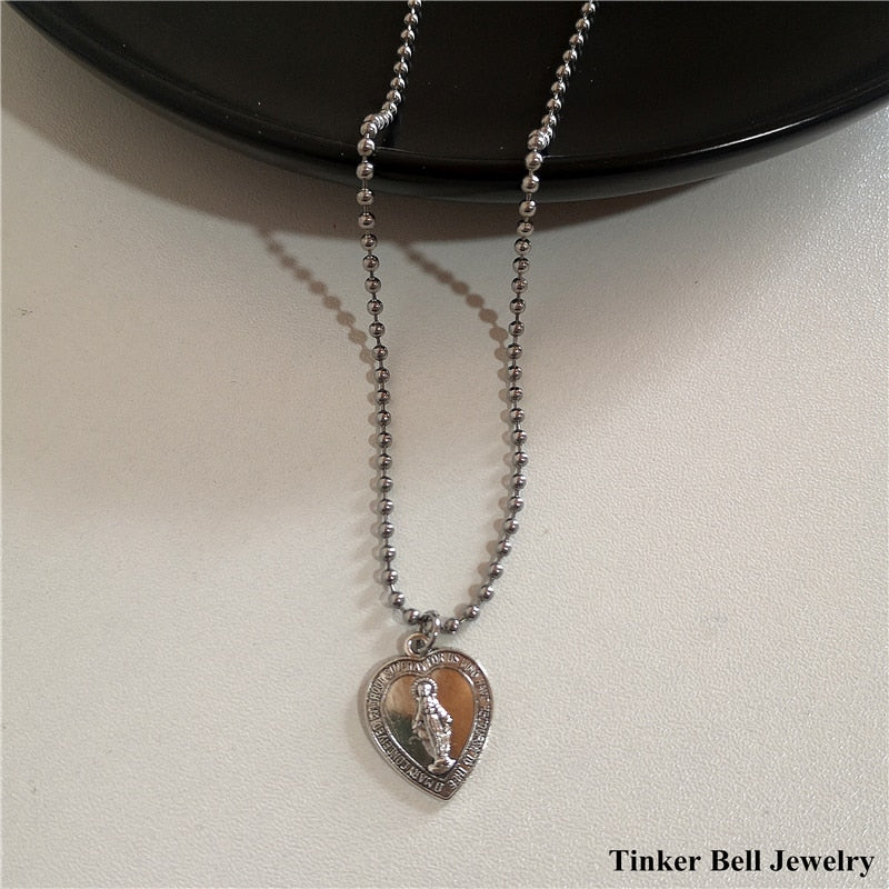 Stainless Steel Beads Chain Alloy Pendant Vintage Heart Jesus Cupid Butterfly Dinosaur Mushroom Grunge Necklaces For Women Men