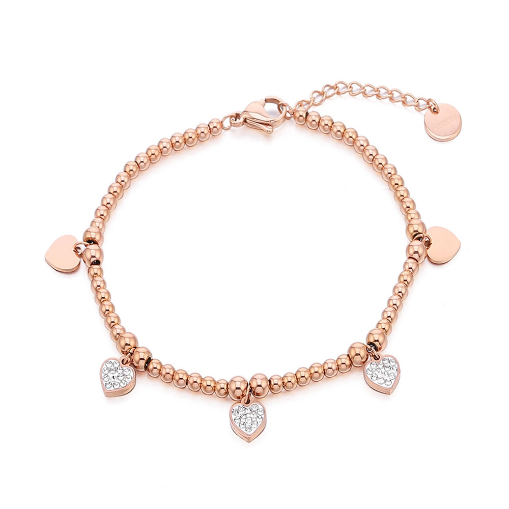Stainless Steel Beads Chain Bracelet For Woman Gold Color Heart Crystal Charms Strand Bracelet Steel Jewelry Party Jewelry Gift