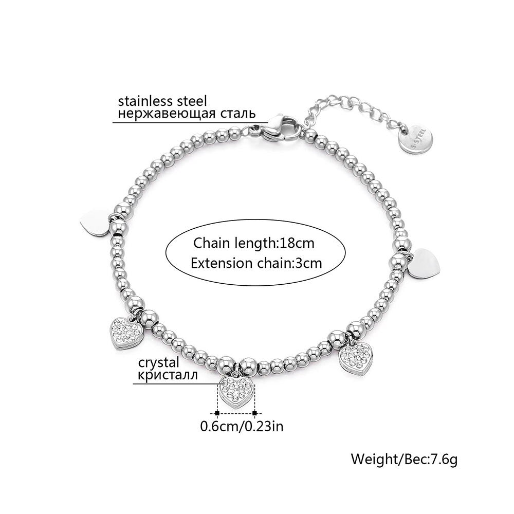 Stainless Steel Beads Chain Bracelet For Woman Gold Color Heart Crystal Charms Strand Bracelet Steel Jewelry Party Jewelry Gift