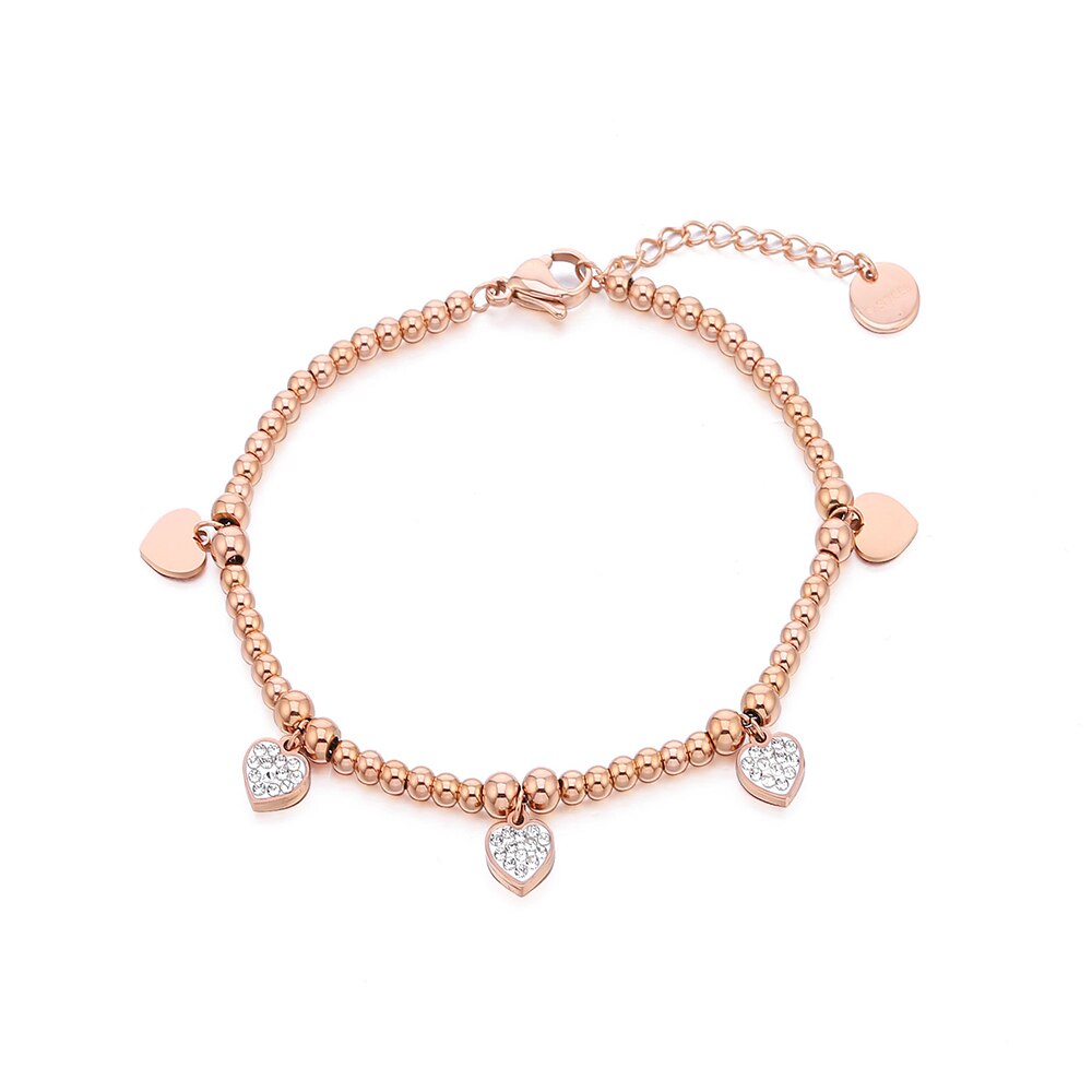 Stainless Steel Beads Chain Bracelet For Woman Gold Color Heart Crystal Charms Strand Bracelet Steel Jewelry Party Jewelry Gift