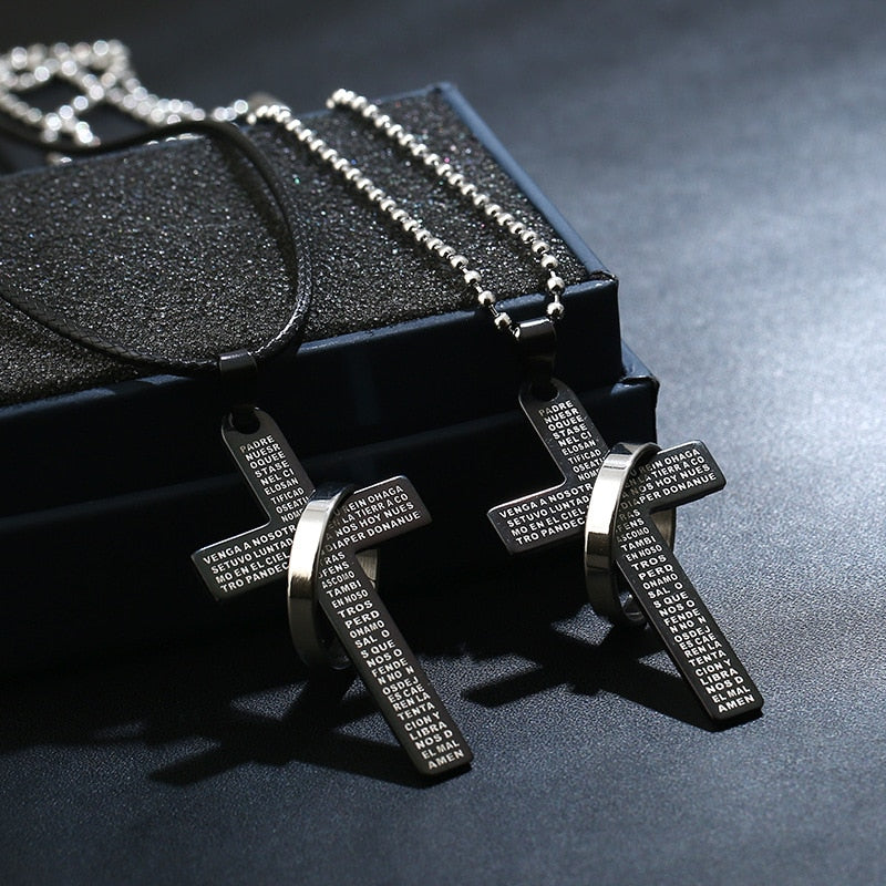 Stainless Steel Black Cross Circle Necklaces Pendants For Men Christian Jesus Bible Crucifix Collares Prayer Jewelry