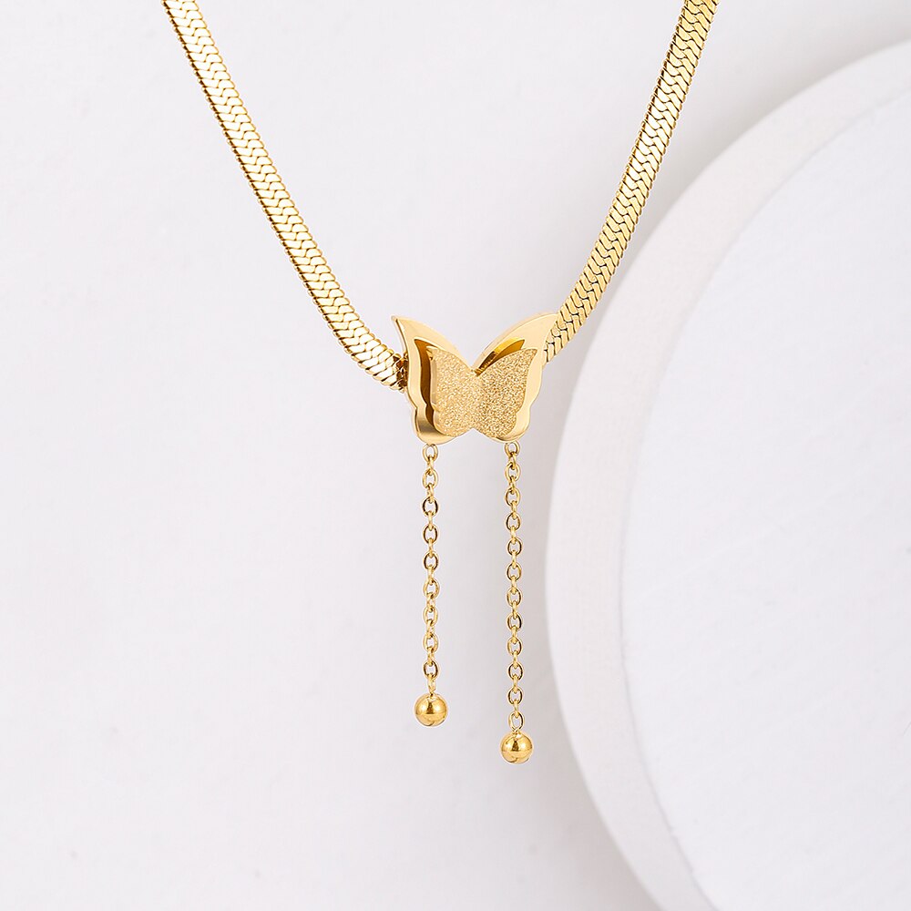 Stainless Steel Butterfly Pendant Necklace for Women Gold Herringbone Chain Necklace Female Choker Trend Jewelry Gift 2022
