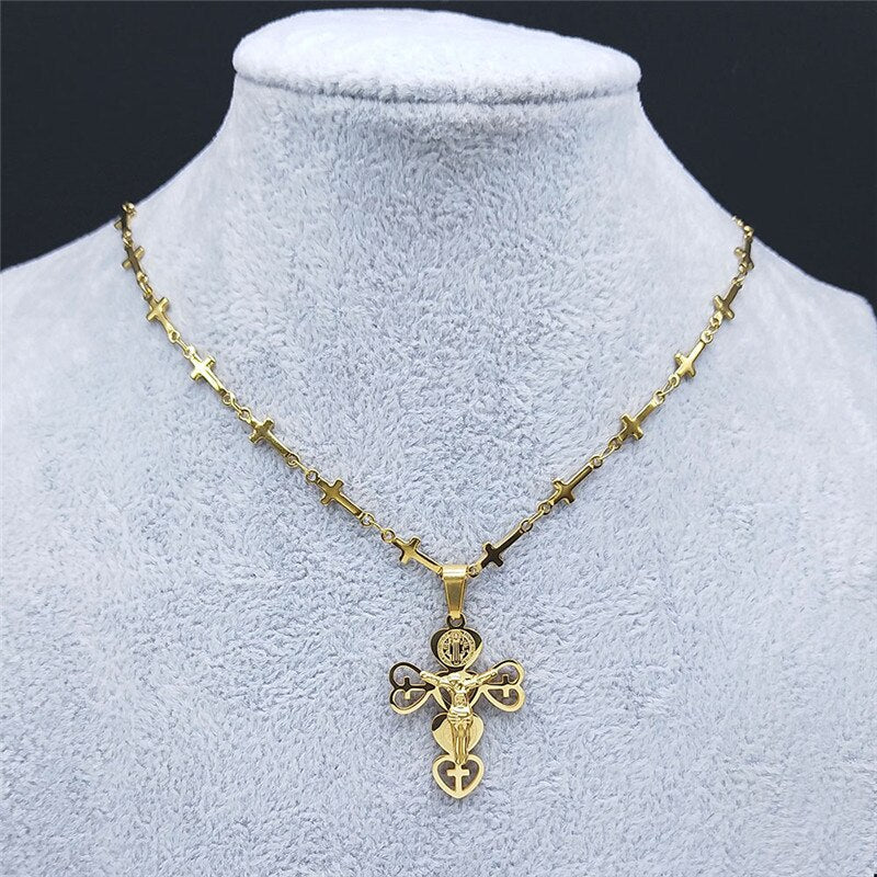 Stainless Steel Catholicism Heart Jesus Necklaces Women/Men Gold Color Cross Chain Necklaces Jewery collier croix N6012S02