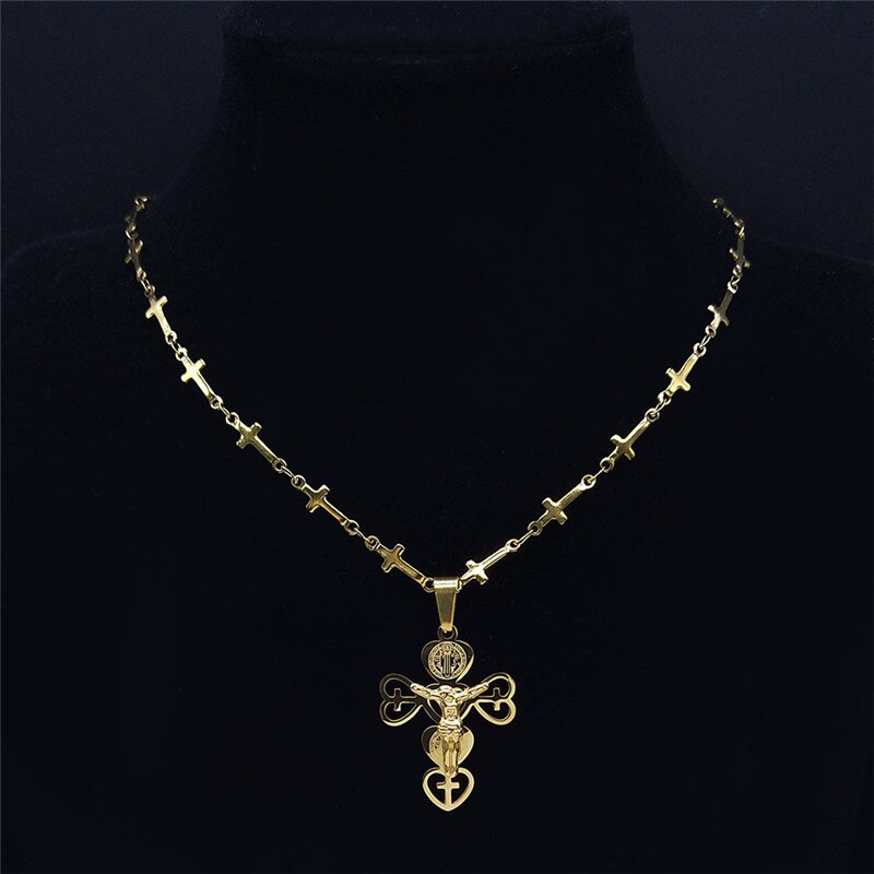 Stainless Steel Catholicism Heart Jesus Necklaces Women/Men Gold Color Cross Chain Necklaces Jewery collier croix N6012S02