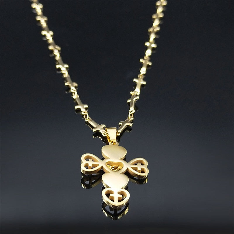 Stainless Steel Catholicism Heart Jesus Necklaces Women/Men Gold Color Cross Chain Necklaces Jewery collier croix N6012S02