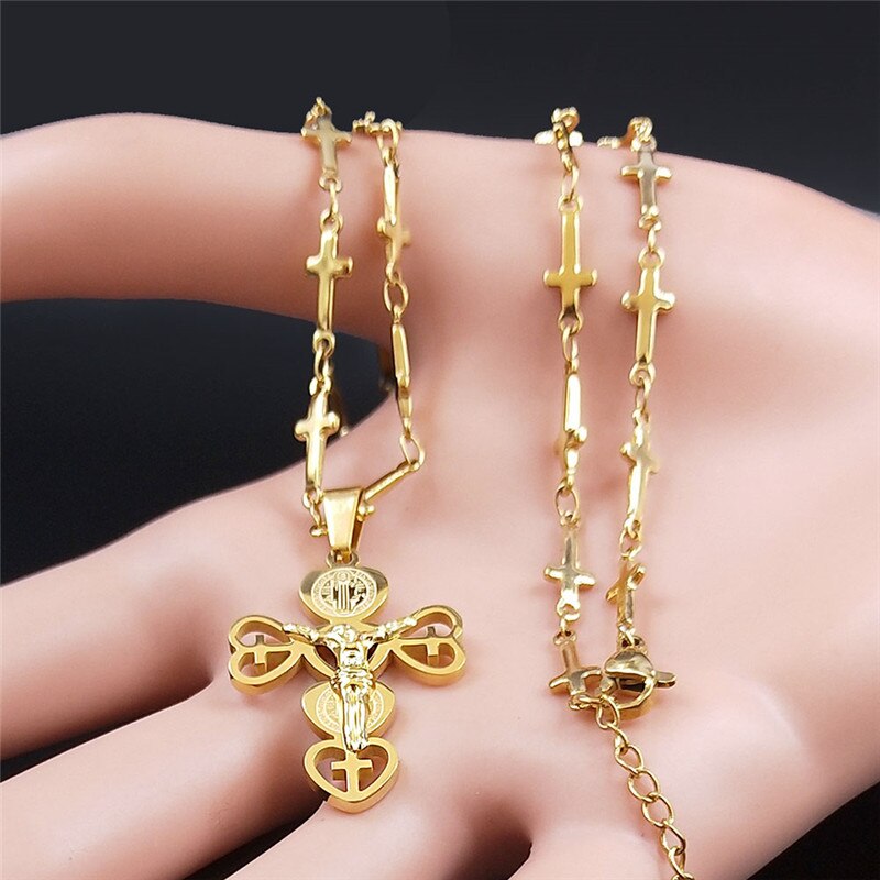 Stainless Steel Catholicism Heart Jesus Necklaces Women/Men Gold Color Cross Chain Necklaces Jewery collier croix N6012S02