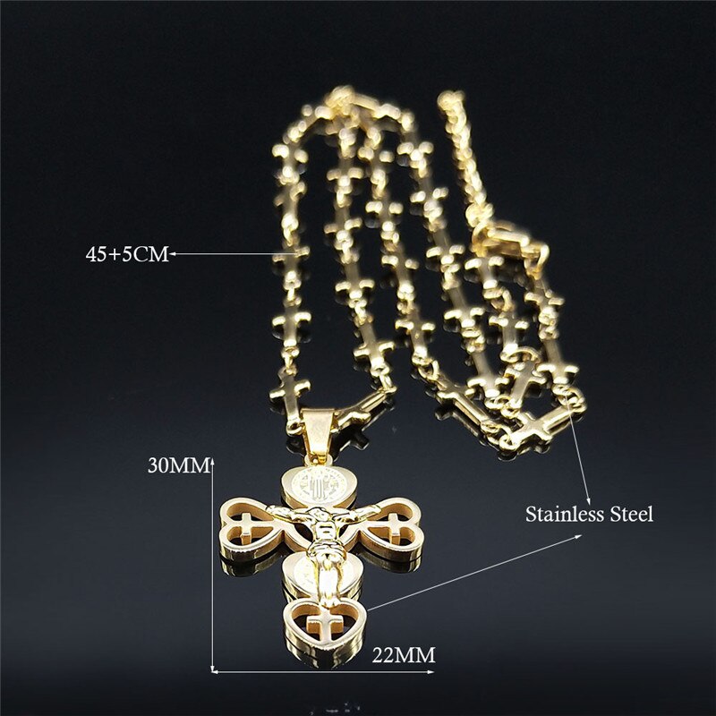 Stainless Steel Catholicism Heart Jesus Necklaces Women/Men Gold Color Cross Chain Necklaces Jewery collier croix N6012S02