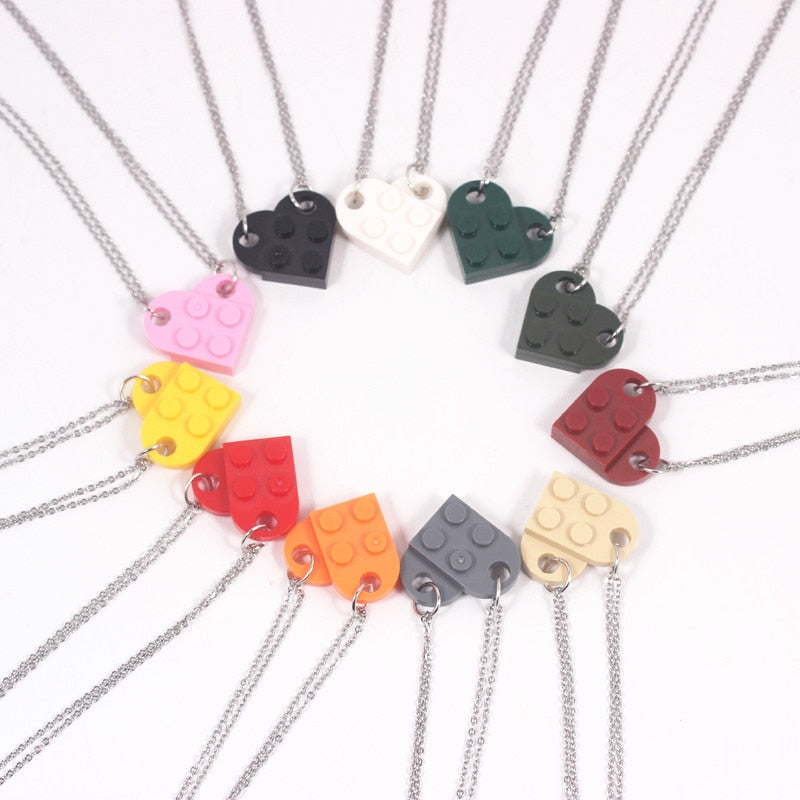 Stainless Steel Chain Couples Brick Heart Pendant Shaped Necklace for Friendship 2 Piece Jewelry Made with Lego Elements