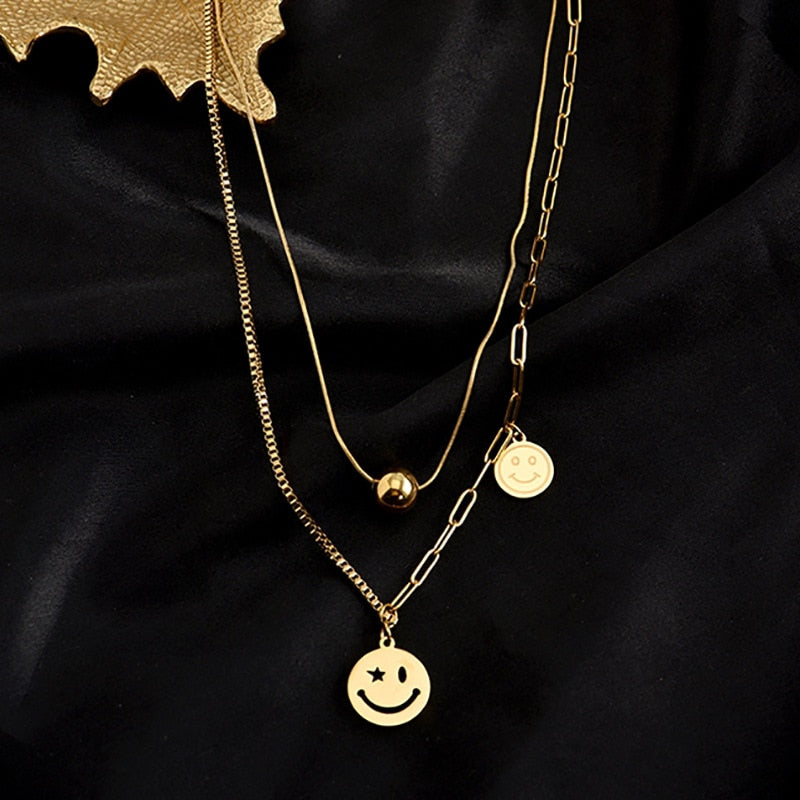 Stainless Steel Chain Smiley Gold Necklace for Women Colgantes Necklaces Schmuck Matching Colier Femmes Girls Jewelry Gift