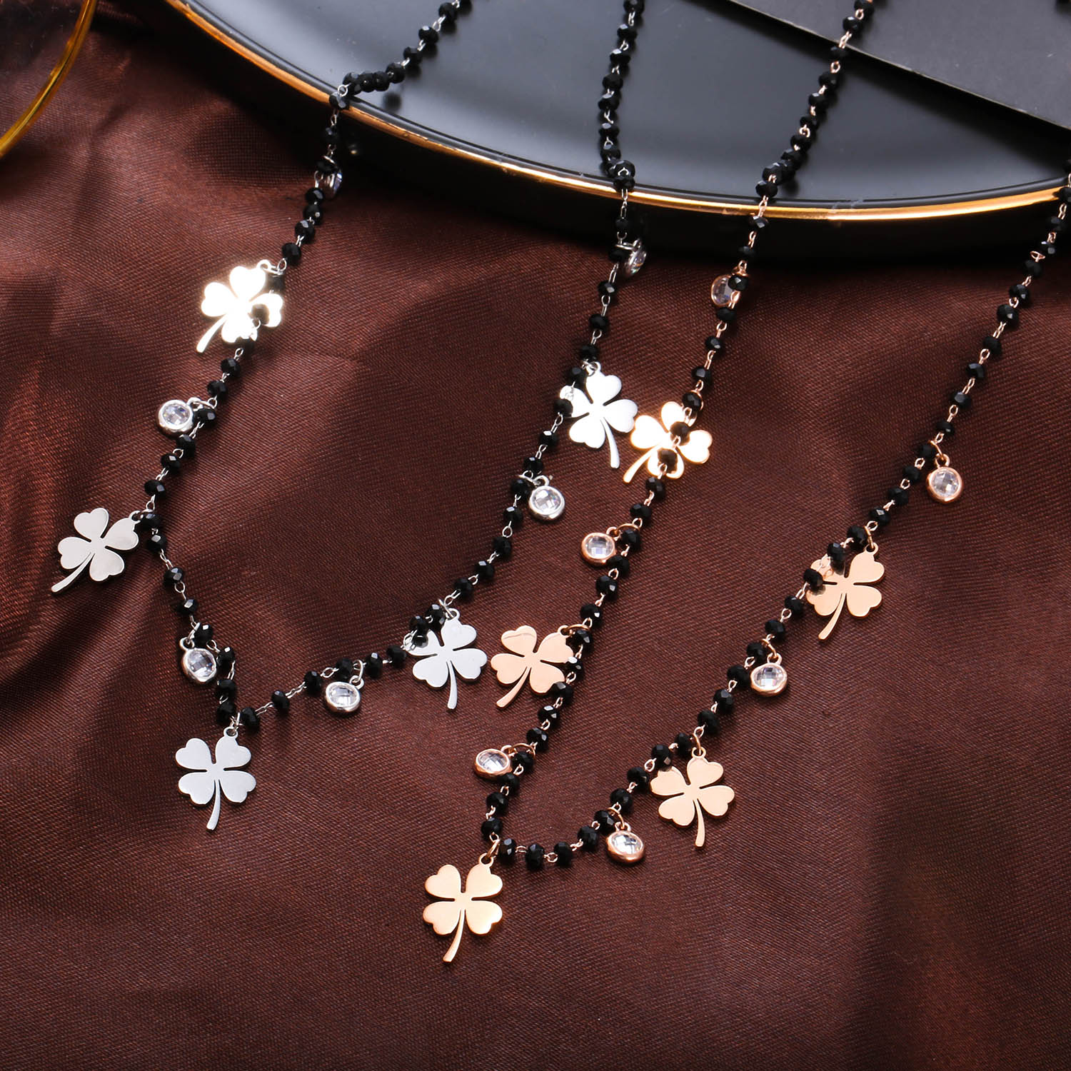 Stainless Steel Clover Charms Necklace For Women Black Crystal Beads Chain Necklace Gift For Friend Female Jewelry 2022 Dropship