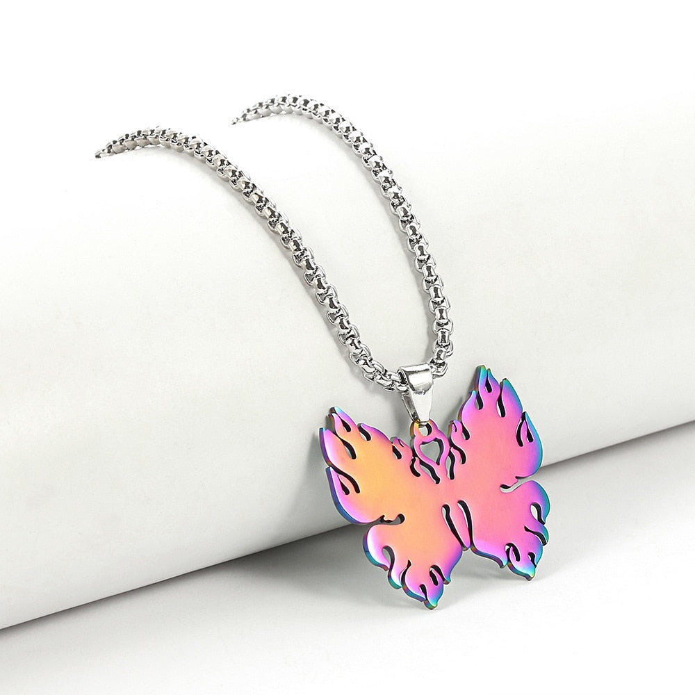 Stainless Steel Colorful Butterfly Pendant Necklace Animal Jewelry Men Women Necklace Punk Commemorate Costume Jewelry