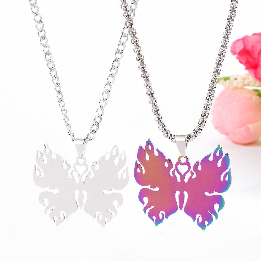 Stainless Steel Colorful Butterfly Pendant Necklace Animal Jewelry Men Women Necklace Punk Commemorate Costume Jewelry