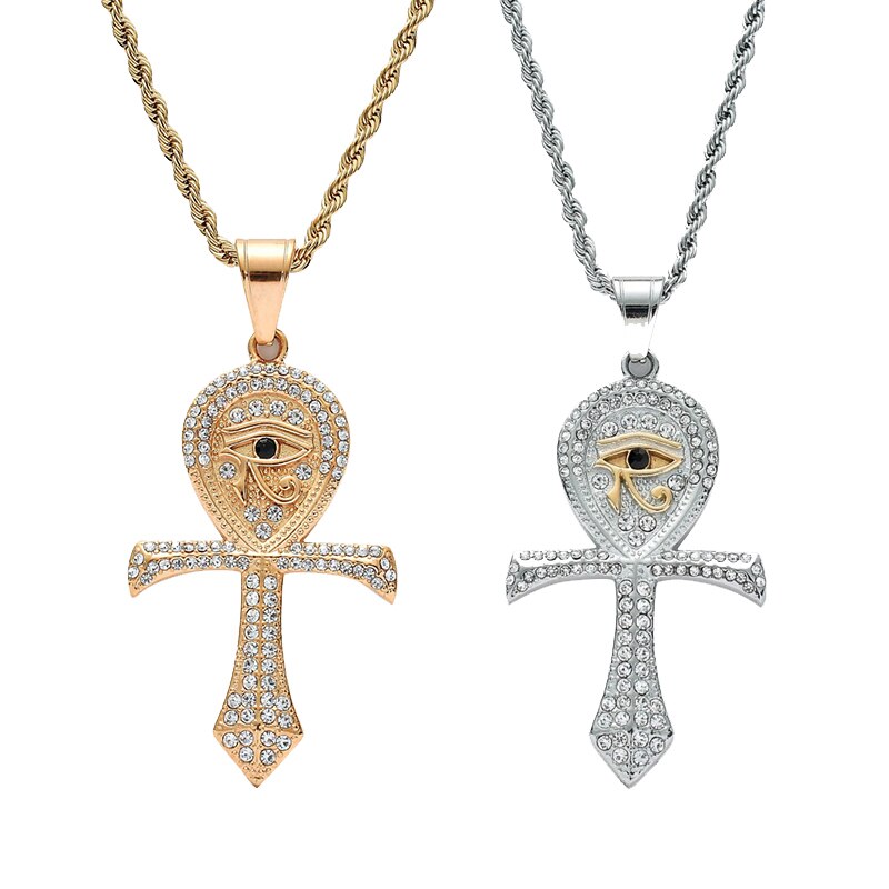 Stainless Steel Cross Necklace Ancient Egyptian Horus Eye Pendant Hip Hop Jewelry