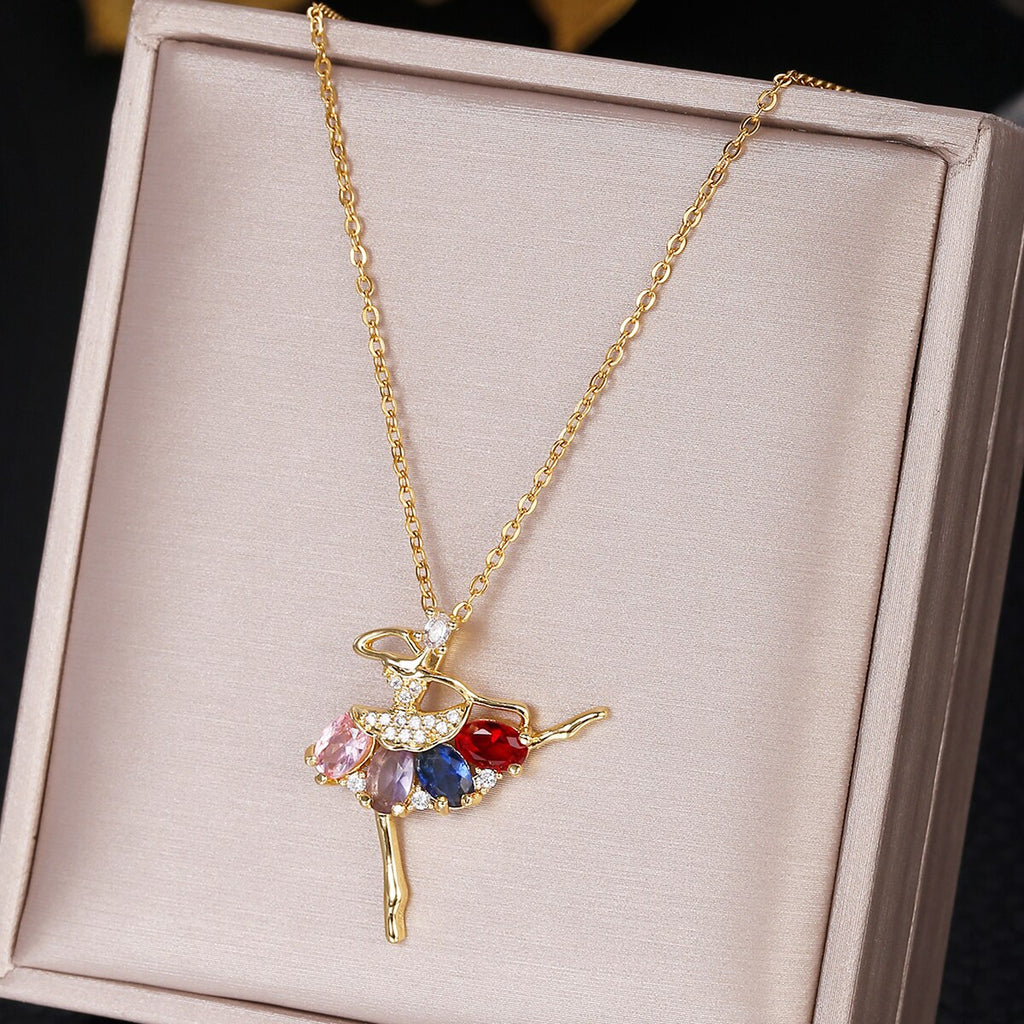 Stainless Steel Dancing Girl Cubic Zirconia Pendant Necklace European And American Vintage Gothic Jewelry Female