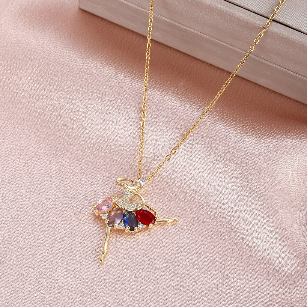 Stainless Steel Dancing Girl Cubic Zirconia Pendant Necklace European And American Vintage Gothic Jewelry Female