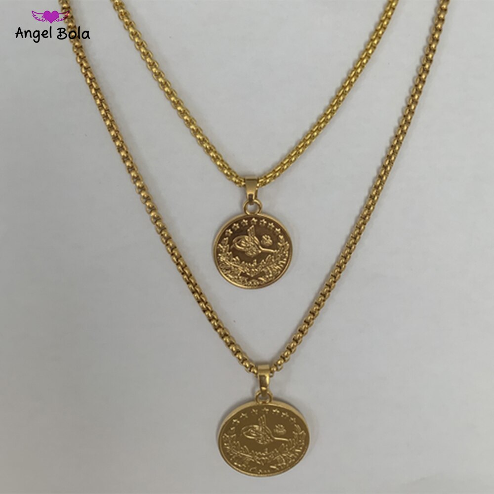 Stainless Steel Double Chain Charm Necklace Turkish Totem Pendant Necklace for Women and Men  Jewelry Gift