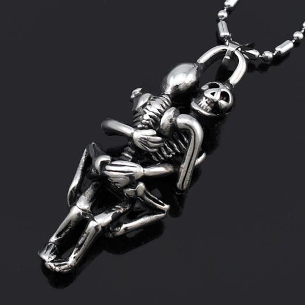 Stainless Steel Double Skull Pendant Chain Cross Necklace Men's Wild Black Jewelry
