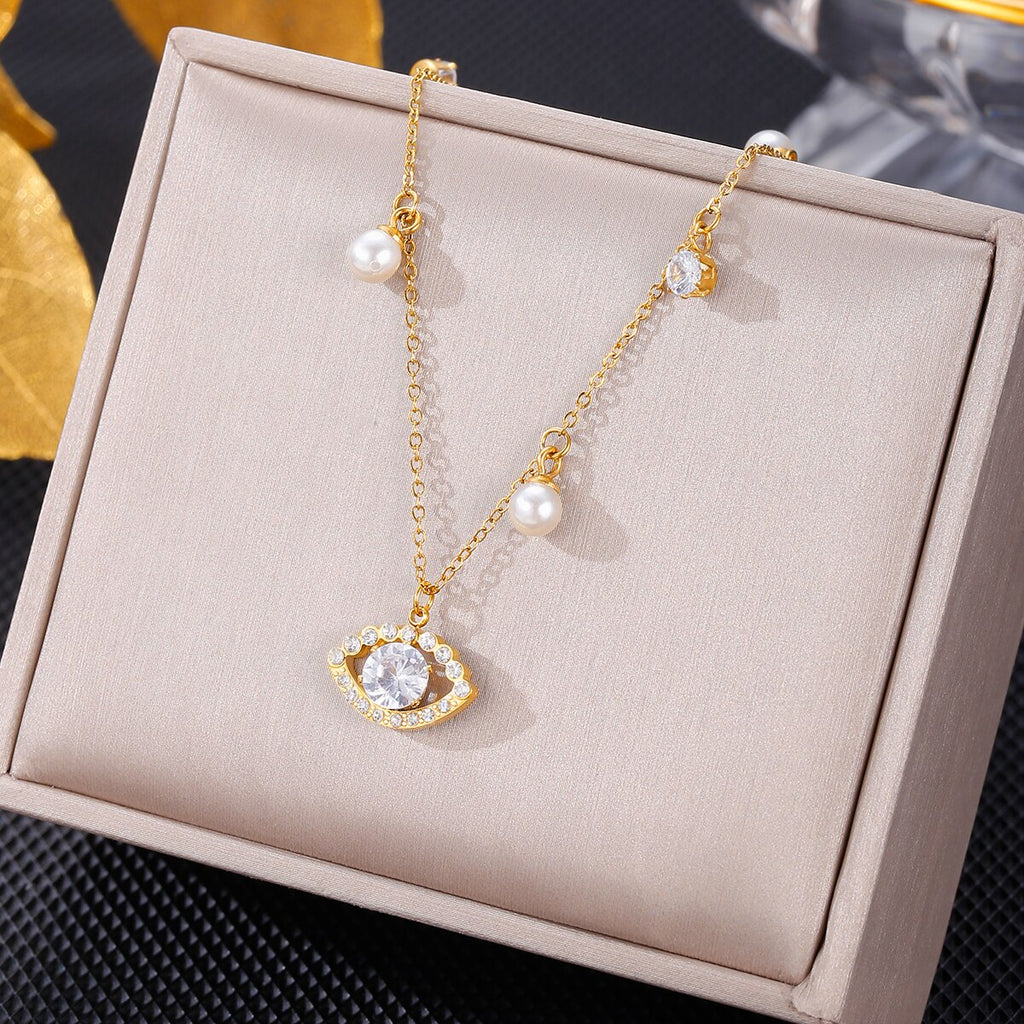 Stainless Steel Evil Eye Blue Rhinestone Pendant Necklace European And American Vintage Gothic Jewelry Female 2022 Trend