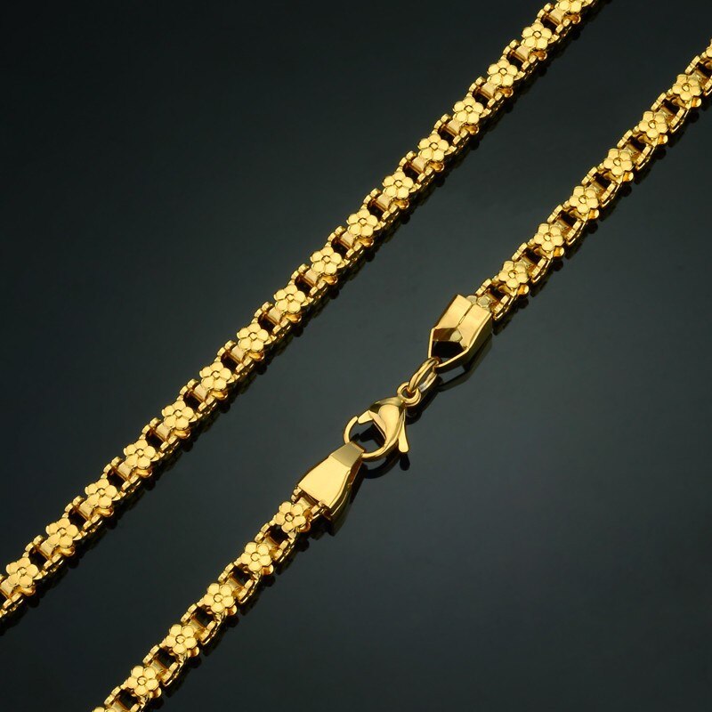 Stainless Steel Gold Chain For Women,5mm Gold Color Flower Box Chain Punk Collar Necklace Golden Jewelry collier or