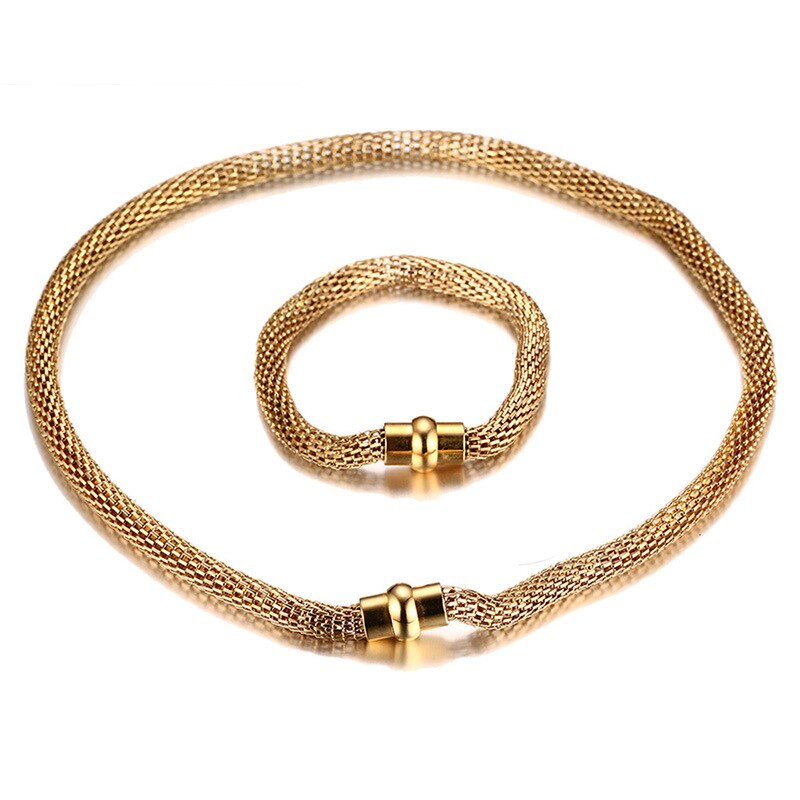 Stainless Steel Gold Color Mesh Chain Necklace Bracelet 1set Cool Men's woman Jewelry