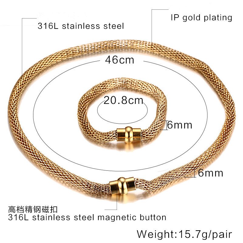 Stainless Steel Gold Color Mesh Chain Necklace Bracelet 1set Cool Men's woman Jewelry