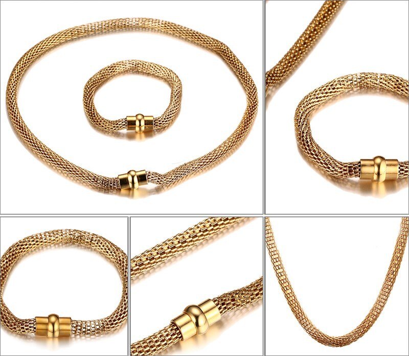 Stainless Steel Gold Color Mesh Chain Necklace Bracelet 1set Cool Men's woman Jewelry