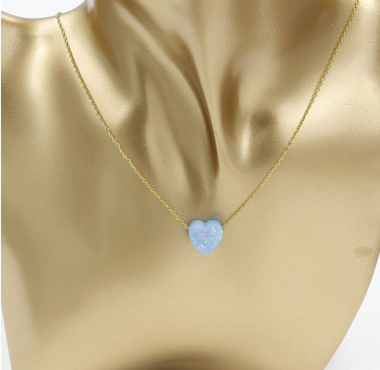 Stainless Steel Gold / silver Color 12mm Opal Heart Pendant Necklace For Women Female Simple Jewelry Gift 45cm