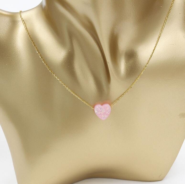 Stainless Steel Gold / silver Color 12mm Opal Heart Pendant Necklace For Women Female Simple Jewelry Gift 45cm