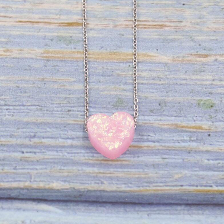 Stainless Steel Gold / silver Color 12mm Opal Heart Pendant Necklace For Women Female Simple Jewelry Gift 45cm