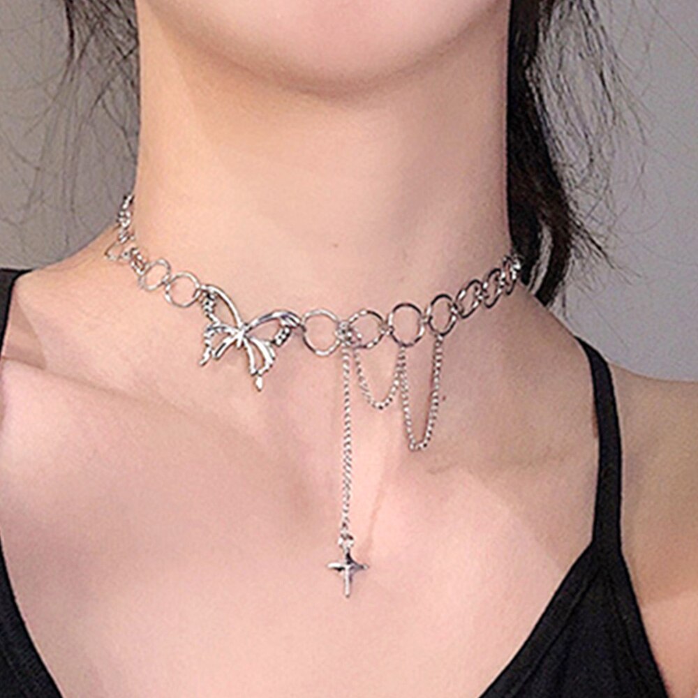 Stainless Steel Gothic Hip Hop O Link Chain Chokers Collares Mujer Jewlery Harajuku Punk Butterfly Choker Necklace for Women