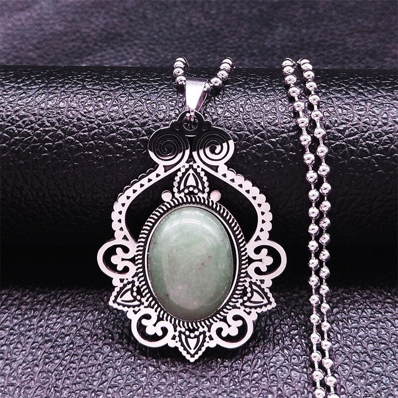 Stainless Steel Green Natural Stone Bohemia Necklaces Silver Color Statement Necklace Jewelry joyeria acero inoxidable N3695S04