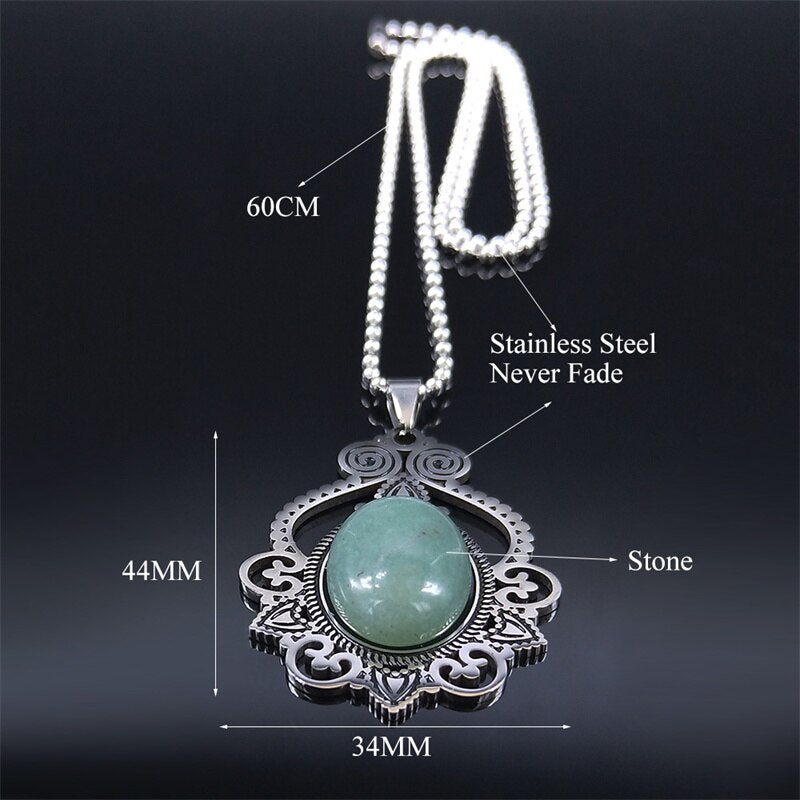 Stainless Steel Green Natural Stone Bohemia Necklaces Silver Color Statement Necklace Jewelry joyeria acero inoxidable N3695S04