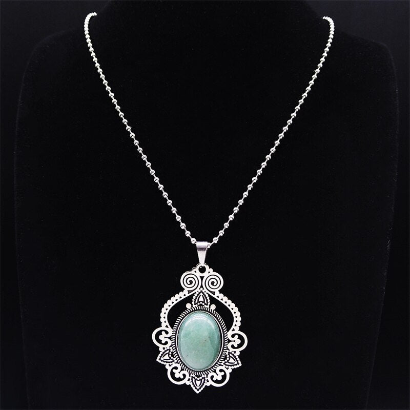Stainless Steel Green Natural Stone Bohemia Necklaces Silver Color Statement Necklace Jewelry joyeria acero inoxidable N3695S04