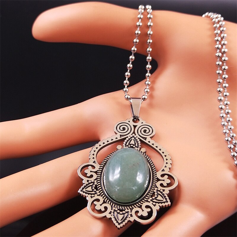 Stainless Steel Green Natural Stone Bohemia Necklaces Silver Color Statement Necklace Jewelry joyeria acero inoxidable N3695S04