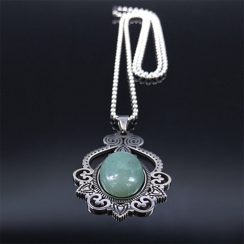 Stainless Steel Green Natural Stone Bohemia Necklaces Silver Color Statement Necklace Jewelry joyeria acero inoxidable N3695S04