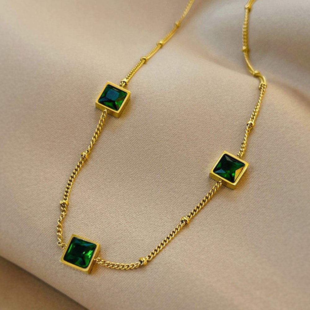 Stainless Steel Green Zircon Necklace Delicate Metalic 18 K Plated Collar Necklace Jewelry цепь на шею Gift
