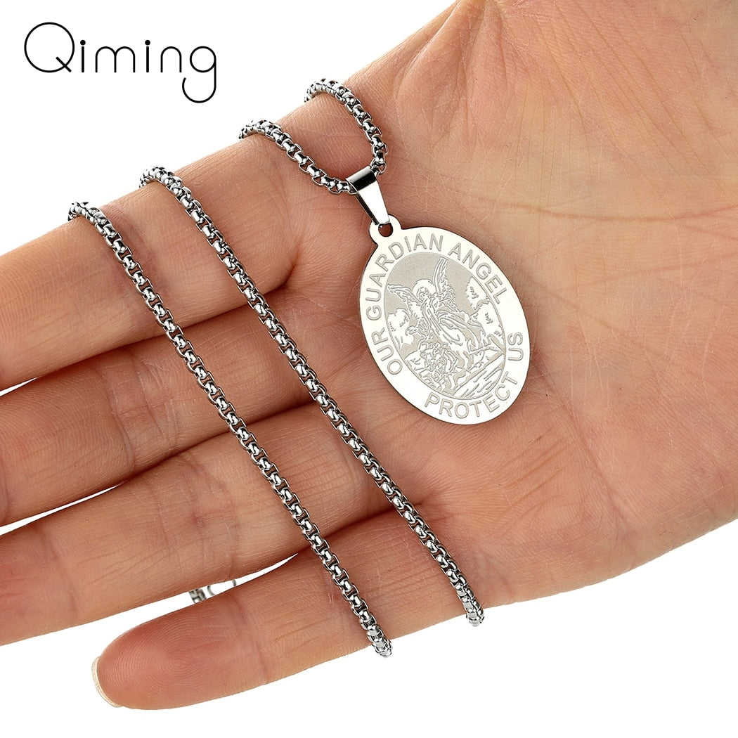 Stainless Steel Guardian Angel Protect Me Pendant Necklace For Women Bohemia Simple Jewelry Charm Men Necklace Gift