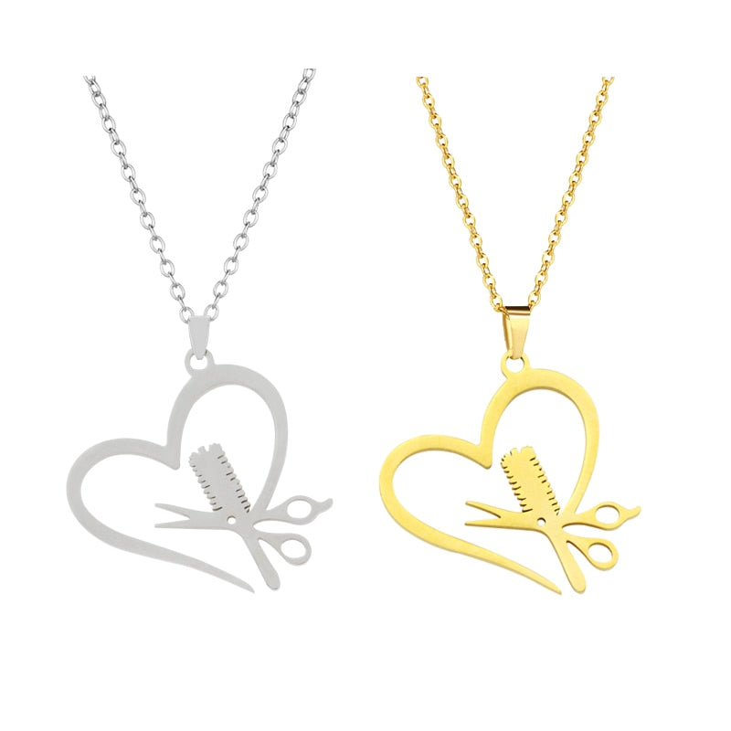 Stainless Steel Hairdresser Scissor Comb Pendant Necklace Heart Hair Stylist Jewelry for Women Girls