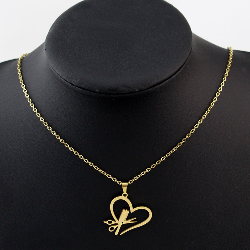 Stainless Steel Hairdresser Scissor Comb Pendant Necklace Heart Hair Stylist Jewelry for Women Girls