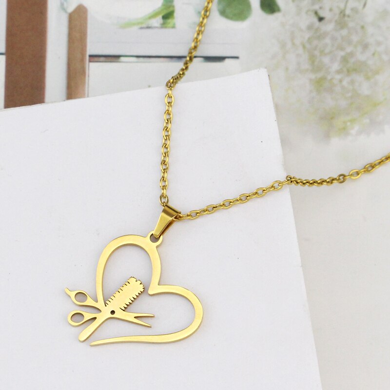 Stainless Steel Hairdresser Scissor Comb Pendant Necklace Heart Hair Stylist Jewelry for Women Girls