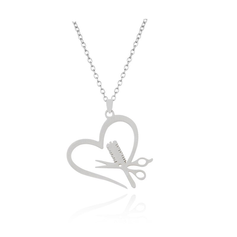 Stainless Steel Hairdresser Scissor Comb Pendant Necklace Heart Hair Stylist Jewelry for Women Girls