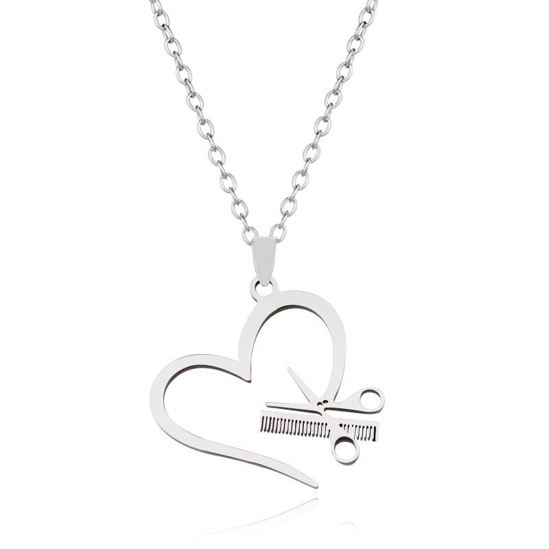 Stainless Steel Hairdresser Scissor Comb Pendant Necklace Heart Hair Stylist Jewelry for Women Girls
