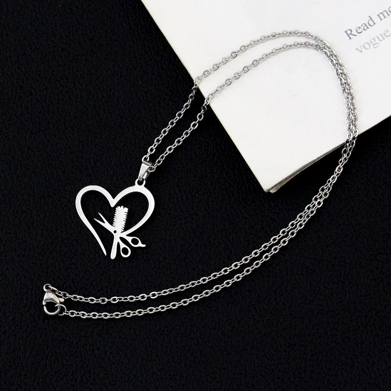 Stainless Steel Hairdresser Scissor Comb Pendant Necklace Heart Hair Stylist Jewelry for Women Girls