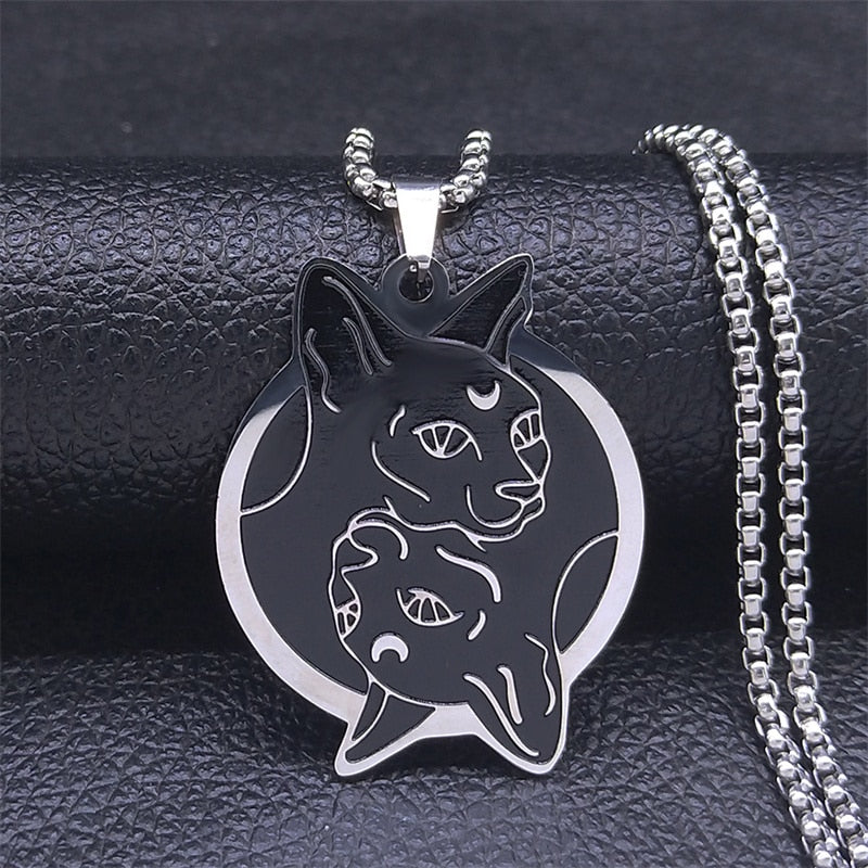 Stainless Steel Hairless Cat Necklaces Women/Men Black Silver Color Pendant Necklace Jewelry colgantes acero inoxiable N3660S02