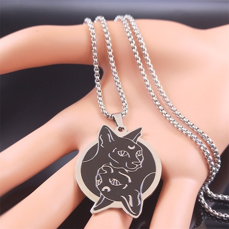 Stainless Steel Hairless Cat Necklaces Women/Men Black Silver Color Pendant Necklace Jewelry colgantes acero inoxiable N3660S02