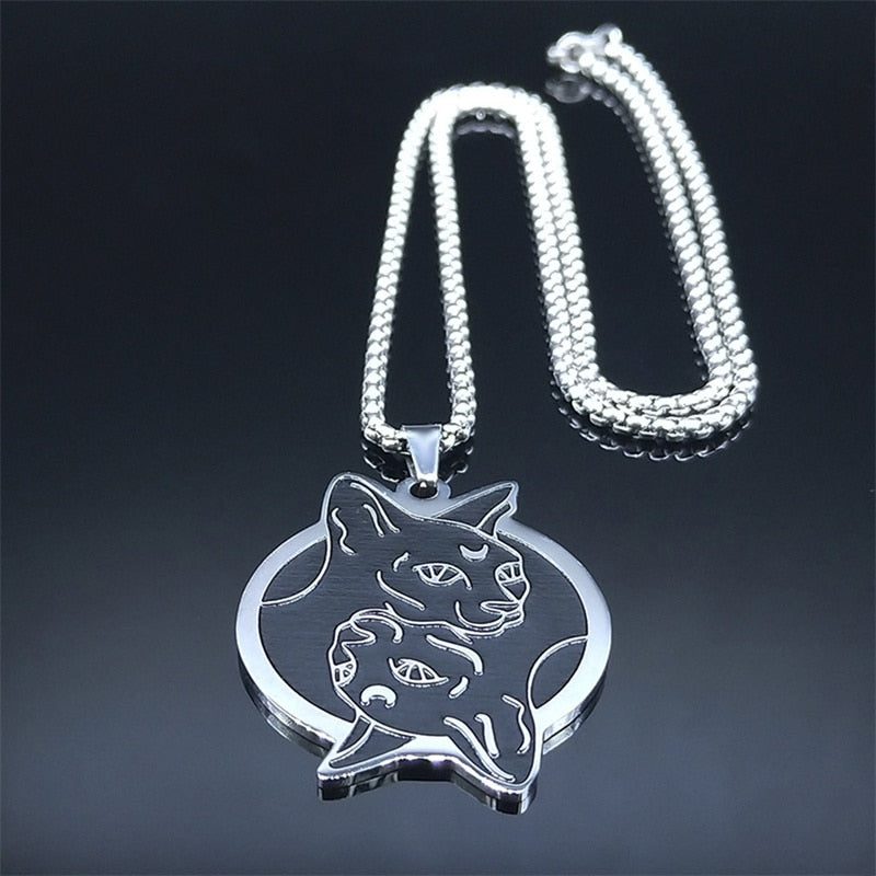 Stainless Steel Hairless Cat Necklaces Women/Men Black Silver Color Pendant Necklace Jewelry colgantes acero inoxiable N3660S02