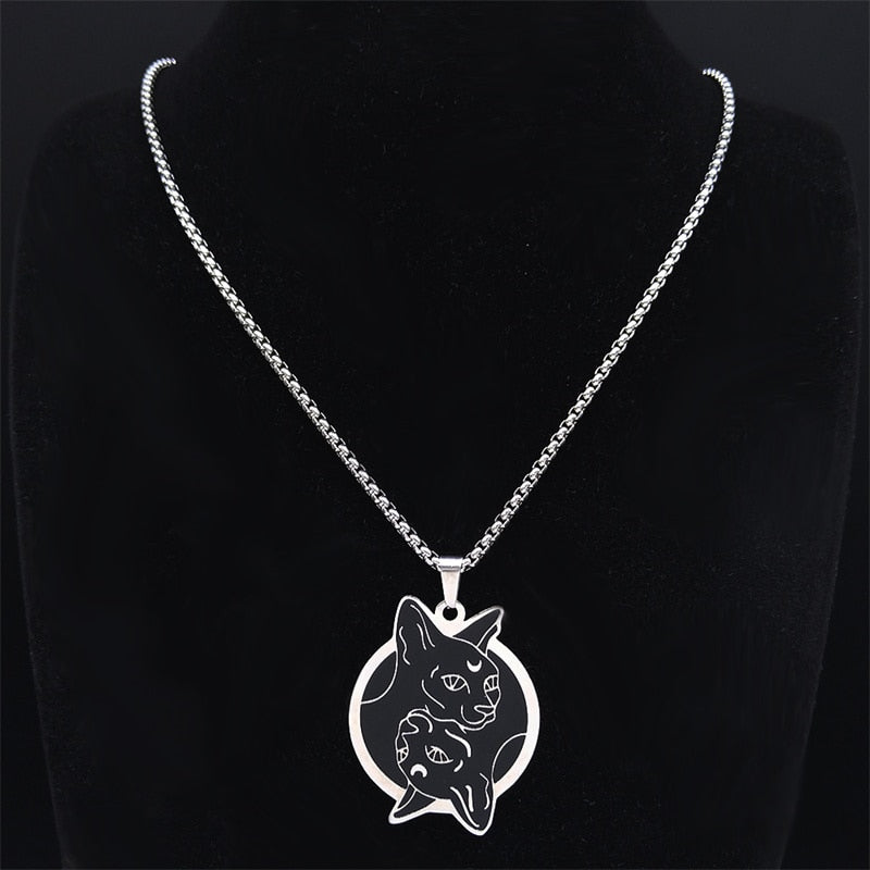 Stainless Steel Hairless Cat Necklaces Women/Men Black Silver Color Pendant Necklace Jewelry colgantes acero inoxiable N3660S02