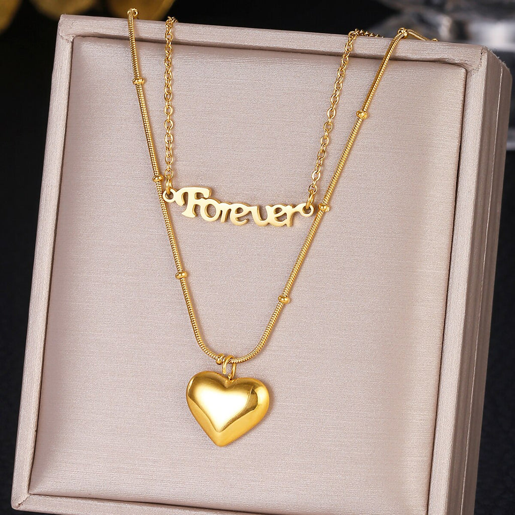 Stainless Steel Heart Pendant LOVE Necklace For Women Korean Double Layered Necklace Jewelry Gift Accessories
